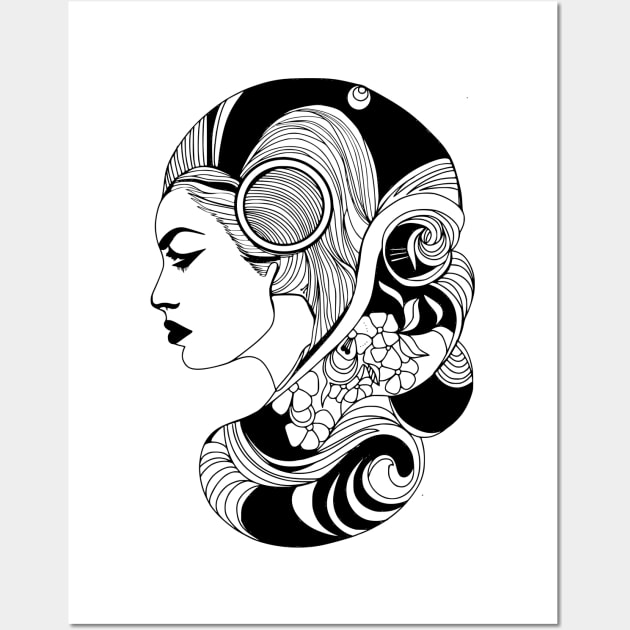 Black and white design of a woman wearing her hair as a cascade in the shape of a shell with flowers Wall Art by jen28